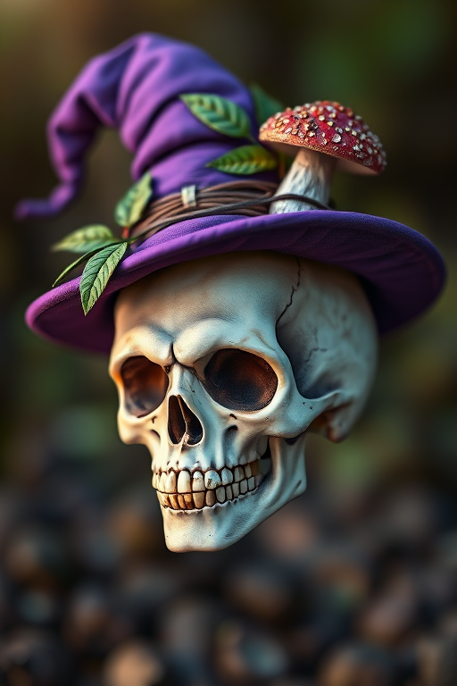 Create a highly detailed digital illustration of a whimsical skull wearing a purple witch hat adorned with leaves and a mushroom, use a 50mm lens, f/8 aperture, ISO 200, natural lighting, and a soft-focus background to enhance the image quality.