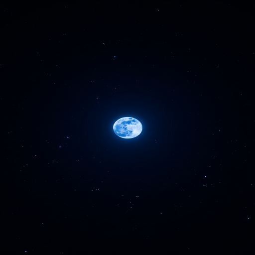 Create a high-resolution image of a bright blue moon in a star-filled night sky, using a DSLR camera with a 50mm lens, f-stop of 1.8, ISO 100, at a shutter speed of 1/200s, with a wide-angle view to capture the vastness of space.