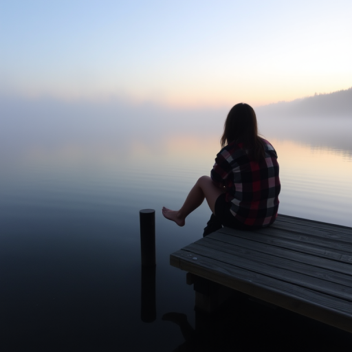 Quiet lakeside dock at dawn, the water still and glassy, a woman in a flannel shirt sits at the edge, her feet dangling just above the surface as she watches the fog roll in.
