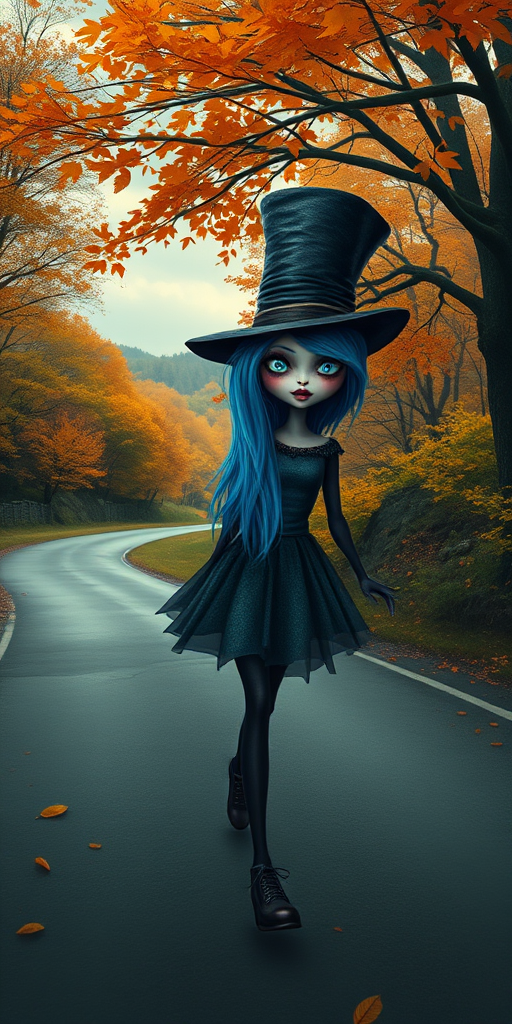digital art fantasy depicting a strange girl with blue hair, long eyelashes, black lipstick and a tall hat walking along a winding road on an autumn afternoon, an Ape smiles as she passes