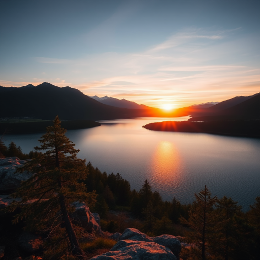 Create a high-resolution image of a serene landscape featuring a sunset over a calm lake surrounded by mountains, using a DSLR camera with a 24mm lens, aperture set to f/8, ISO 100, capturing a wide-angle view with a soft focus for enhanced depth and clarity.