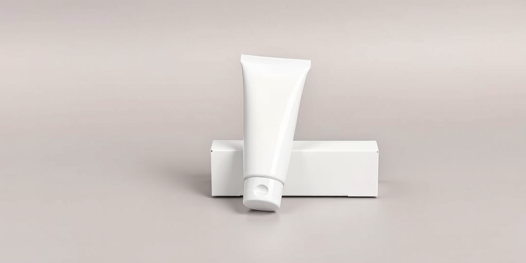 A professional studio shot of a sleek white cosmetic tube and matching box on a smooth gradient background, focus on product details, 50mm lens, f/8 aperture, ISO 100, softbox lighting for even illumination, slight top-down angle to emphasize shapes and reflections.