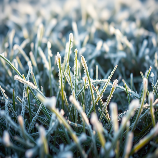 Capture a close-up of frost-covered grass in a winter landscape, use a DSLR camera with a 50mm lens, aperture set to f/2.8 for shallow depth of field, ISO 100 for clarity, and natural light for enhanced detail and color.