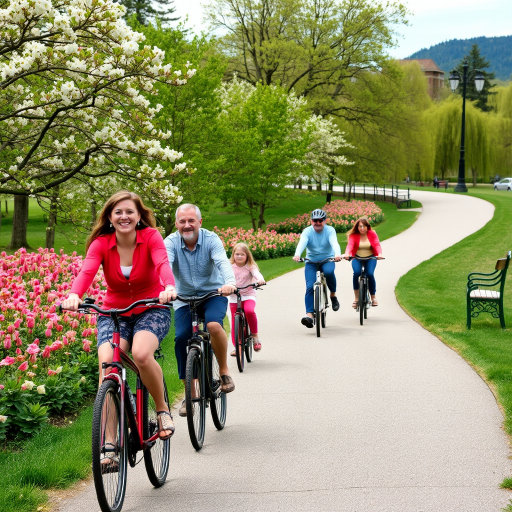 Scenic bicycle path winding through a picturesque park, families riding together, with blooming flowers lining the trail and the sound of laughter filling the air.