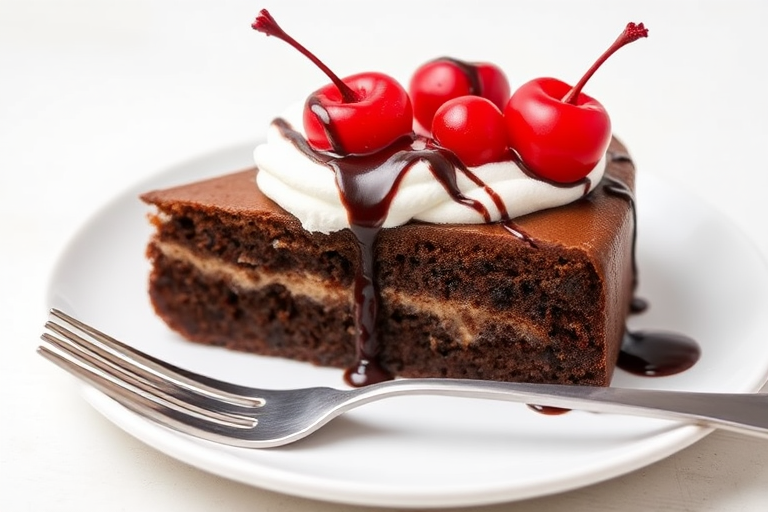 Chocolate cake slice topped with whipped cream and cherries, drizzled with chocolate sauce, placed on a white plate with a fork beside it, against a light background.