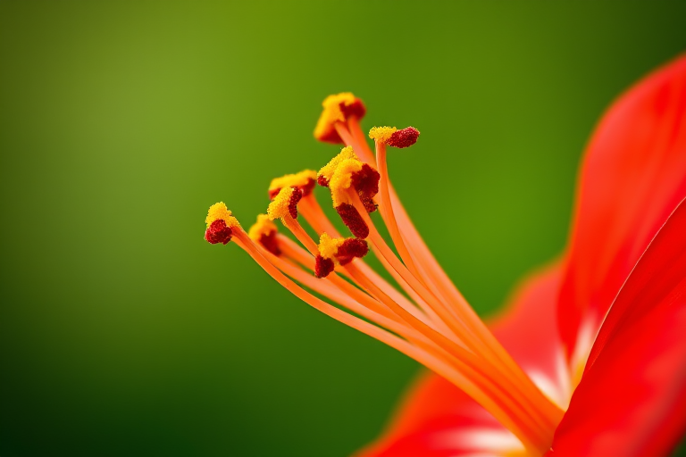 close-up of a vibrant red flower with intricate yellow stamens on a soft green background, aperture f/2.8, shutter speed 1/250s, ISO 100, macro lens, DSLR camera, natural light