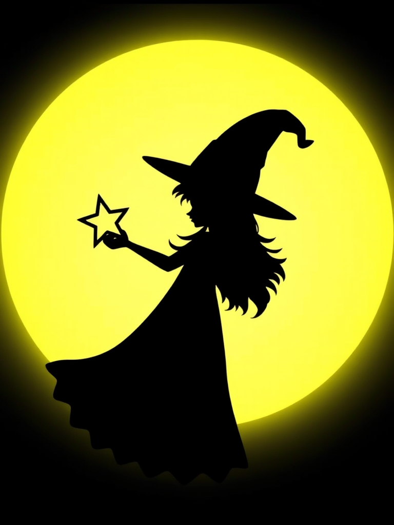 Create a silhouette of a whimsical figure wearing a pointed hat, holding a star wand, set against a bright circular background that resembles a glowing moon. The figure should have a playful and enchanting vibe, emphasizing a sense of magic and wonder.