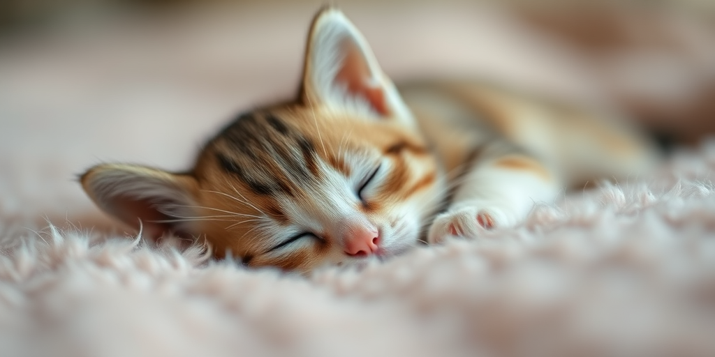 sleeping kitten on soft fur, shallow depth of field, 85mm f/1.4 lens, ISO 200, natural light, macro view, DSLR camera, soft focus background