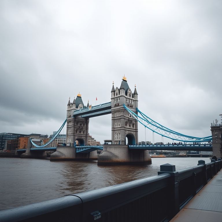 Capture a high-resolution image of Tower Bridge in London during an overcast day with a wide-angle lens, settings: f/8, ISO 100, shutter speed 1/250s, DSLR camera with natural color grading and enhanced contrast.