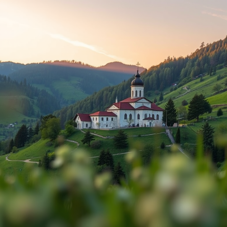Regenerate the image of a picturesque monastery nestled in a lush green valley, captured during golden hour with a Canon EOS R5, 24mm lens, aperture f/8, ISO 100, shutter speed 1/125 sec, with a shallow depth of field and soft bokeh effect to enhance foreground and background detail.