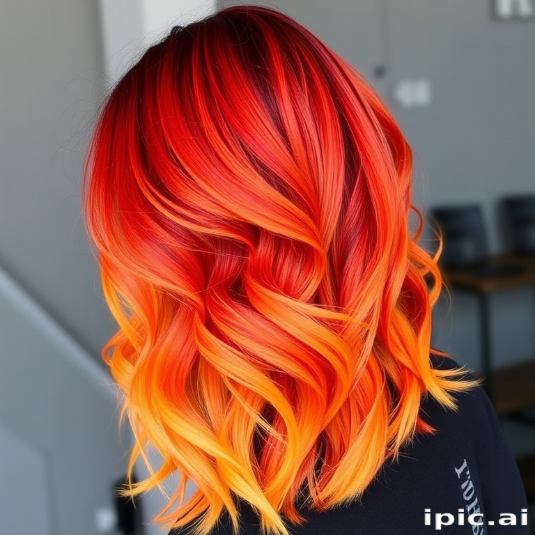 Fierce flame-inspired ombré named "Phoenix Rising" transitions from deep crimson roots to vibrant orange mid-lengths and brilliant yellow tips, styled in voluminous layers