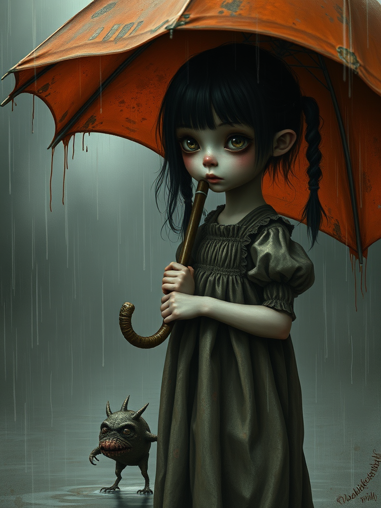 An eerie, weird little girl with dark hair in thin pigtails, wearing a smock dress, standing in the rain, holding a dirty orange umbrella, a small, odd creature beside her. In a surreal style inspired by Nicoletta Ceccoli and Brian Froud. Dark fantasy themes