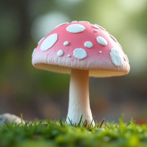 Generate a cartoon-style image of a pink mushroom with white spots, using a DSLR camera with a focal length of 50mm, aperture set to f/2.8, ISO 100, in natural lighting, with a soft focus background for enhanced detail.