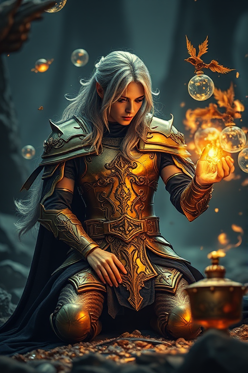 A fantasy character with silver hair in intricate golden armor, kneeling and casting a spell, surrounded by floating magical artifacts, shot with a DSLR camera, 85mm lens, f/1.8 aperture, ISO 100, using a dramatic low angle view and soft lighting for enhanced detail and vibrant colors.