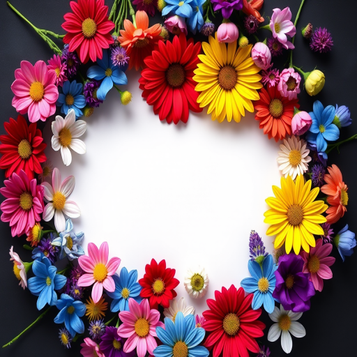 Create a vibrant floral frame with a variety of colorful flowers including reds, pinks, blues, and purples in a circular arrangement on a black background, captured with a DSLR camera, using a macro lens at f/2.8, 1/200 sec, ISO 100, with a shallow depth of field for enhanced color saturation and detail.