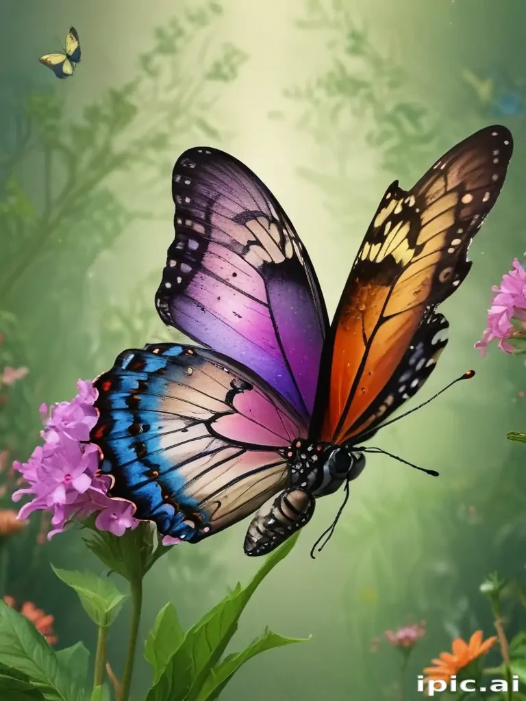 A Vibrant Butterfly Perched on Flowers Amidst a Lush Green Background