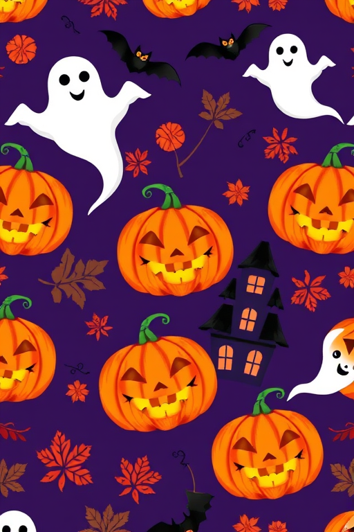 Create a vibrant Halloween-themed pattern featuring smiling pumpkins, spooky ghosts, bats, a haunted house, and autumn leaves set against a dark purple background, taken with a DSLR camera using a 50mm lens at f/1.8, ISO 100, and 1/200s shutter speed for enhanced clarity and color saturation.