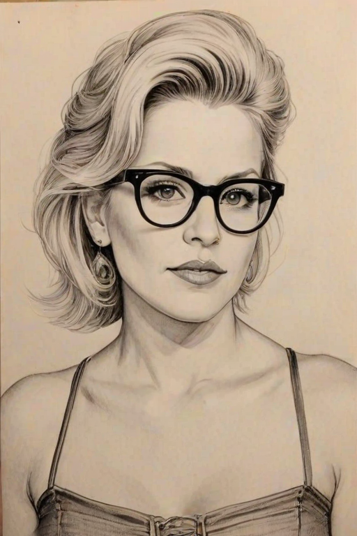 Beauteous Dixie Chicks, pencil sketch, portrait of Alluring woman 1951s in glasses, hair style beatnik, outline, clear lines, fine lines, 8k