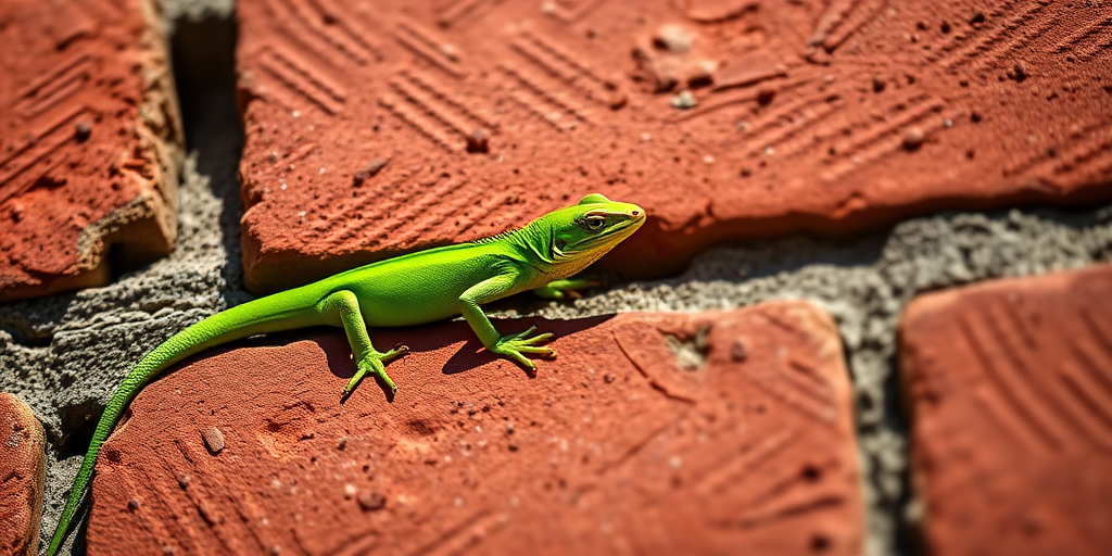 capture a vibrant green lizard perched on a textured brick wall, using a Canon EOS 5D Mark IV with a 50mm f/1.8 lens, aperture set to f/2.8, ISO 100, shutter speed 1/200 sec, natural sunlight, shallow depth of field for enhanced detail and clarity