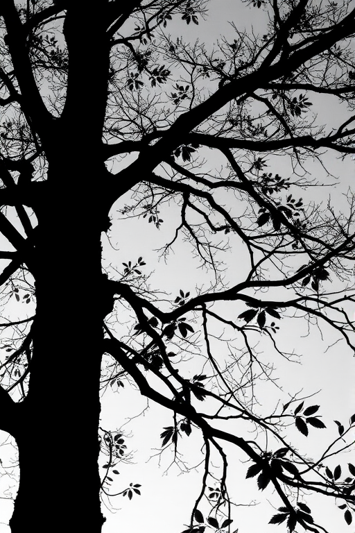 Create a high-resolution black and white silhouette of a tree with intricate branches and leaves, captured with a Canon EOS R5 at f/8, ISO 100, 1/250s, with a 50mm lens using a shallow depth of field from a low angle view against a clear sky background.