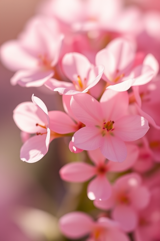 close-up of delicate pink flowers with soft lighting, shallow depth of field, aperture f/2.8, ISO 100, 50mm lens, DSLR camera, natural light, macro photography