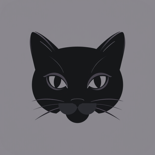 Generate a high-quality minimalist black icon of a cat's face with smooth lines and symmetrical features, captured with a DSLR camera, aperture f/2.8, shutter speed 1/250s, ISO 100, top-down view, and enhanced using a macro lens for clarity.