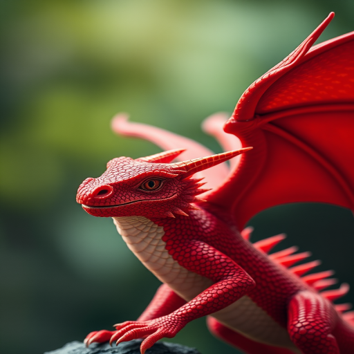 Create an image of a vibrant red dragon in a dynamic pose, with detailed scales and expressive eyes, captured with a Canon EOS R5, 50mm lens, f/1.8 aperture, ISO 100, with a slightly angled view to highlight its wings and tail, utilizing soft lighting for depth and texture.