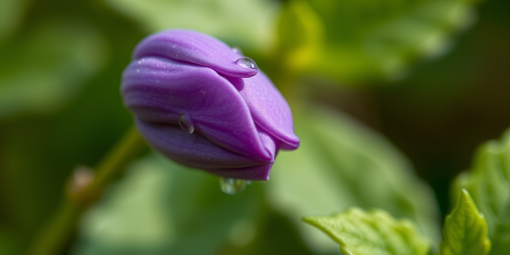 macro shot of a purple flower bud with dew drops on it, surrounded by green leaves, natural light, f/2.8 aperture, 1/100 sec shutter speed, ISO 200, DSLR camera with a 50mm lens, soft focus background