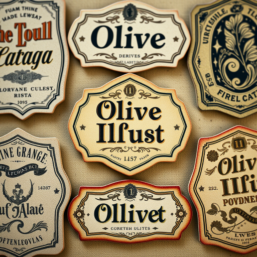 Create a high-resolution image of decorative labels with a vintage style, featuring "Olive Illust" in elegant typography, using a Canon EOS R5 with a 50mm lens, aperture f/2.8, ISO 100, top-down view, and vibrant color saturation.