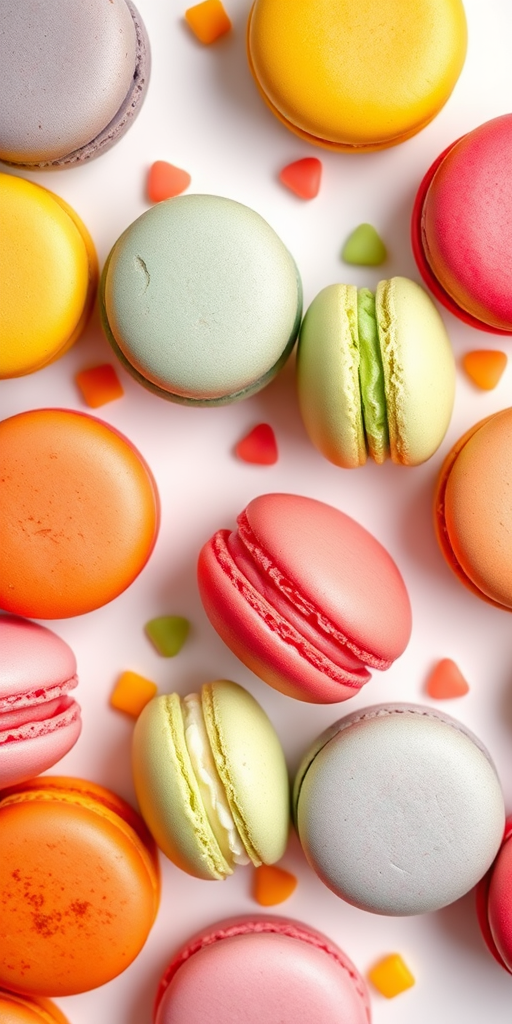 flat lay of colorful macarons on a white background, shot with a Canon EOS R5, 50mm lens, aperture f/2.8, ISO 100, natural light, high detail and vibrant colors.
