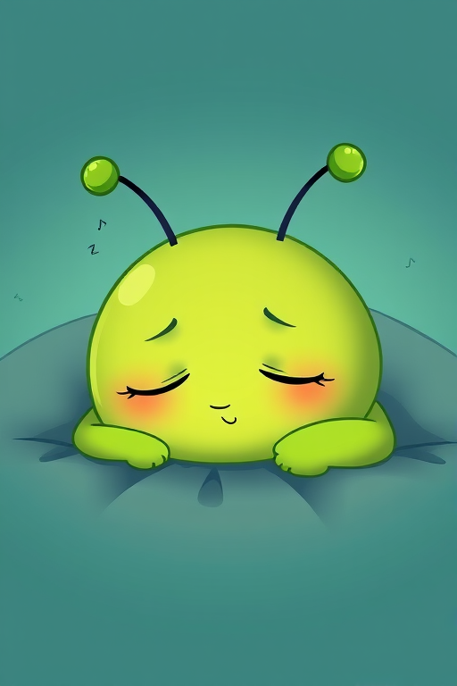 create a sleeping green cartoon character with two antennae, soft gradient colors, cartoon style, high resolution, 50mm lens, f/2.8 aperture, ISO 100, soft lighting, centered composition