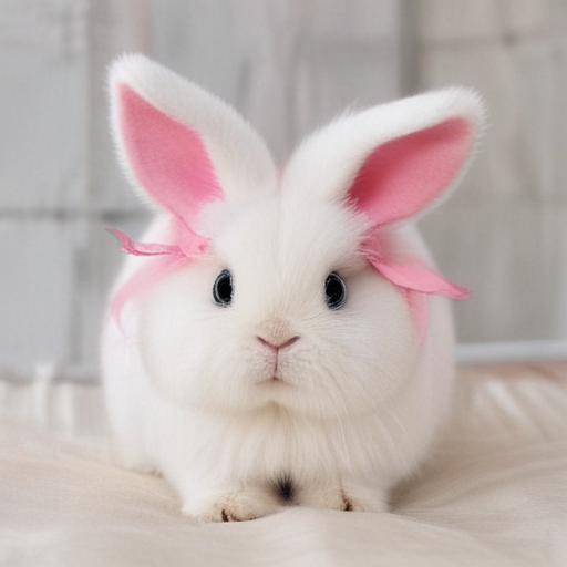 A cute rabbit, with light pink fur, blue eyes, with a dark pink bow ...