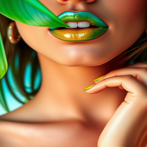 Exotic "Tropical Paradise" lip color combines vibrant turquoise and lime green in a glossy, two-toned effect, evoking lush island landscapes and adding a pop of unexpected color