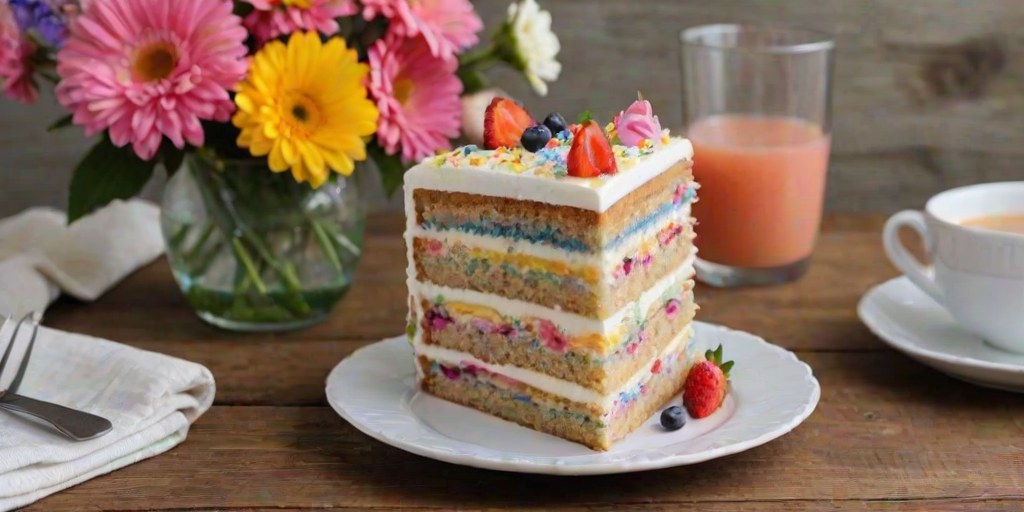 Create an image of a beautifully layered cake with a light frosting, decorated with fresh flowers. Include a slice of the cake on a white plate, showcasing the colorful layers inside. In the background, place a glass of refreshing juice and a soft, light-colored cloth on a rustic wooden table. The setting should have a calm and inviting atmosphere.