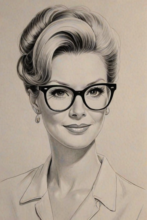 Lovely Sandra Lee, pencil sketch, portrait of Wonderful woman 1962s in glasses, hair style beatnik, outline, clear lines, fine lines, 8k