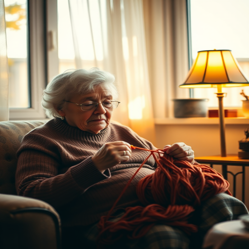Warmly lit image of an elderly woman knitting in a sunlit room, soft glow from a nearby lamp illuminating the yarn and needles, with a feeling of quiet contentment.