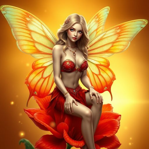 A digital artwork features a winged fairy with delicate Pineapple butterfly wings, adorned with intricate Mint andCream patterns. She is seated on a vibrant Vermilion flower, wearing a revealing red two-piece outfit with sparkling beadwork. Her fair skin, long blonde hair, and gold jewelry add to her ethereal appearance. The background is a warm, golden gradient, creating a magical atmosphere. Small glowing orbs and sparkles surround the flower, enhancing the enchanting, highly detailed, and realistic scene.