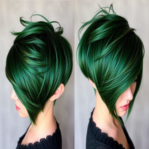 Deep emerald green pixie cut with long, side-swept bangs and metallic gold tips, creating a bold and enchanting forest nymph-inspired look named Sylvan Shimmer