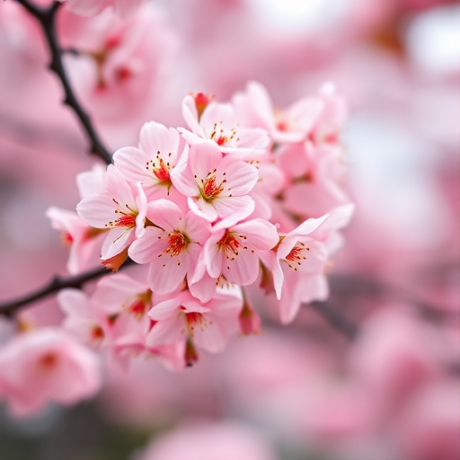 close-up of pink cherry blossoms with soft bokeh background, f/2.8 aperture, 50mm lens, ISO 100, natural lighting, DSLR camera, macro photography style