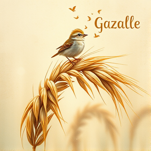 Soft, muted Alcohol Ink with ebru effect background image of tiny whimsical gazalle, who climbed high on the top of a golden rye ear.