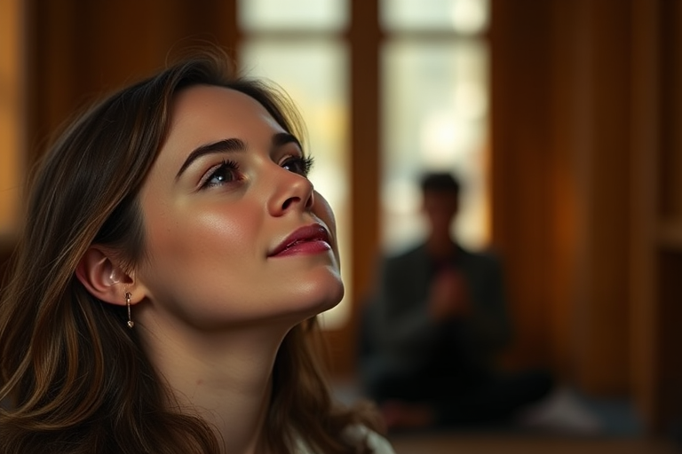 portrait of a woman with serene expression facing upwards, silhouette of a person sitting with head in hands in the background, warm natural lighting, soft focus, depth of field, camera settings: f/2.8, ISO 100, shutter speed 1/200, 50mm lens, taken with a DSLR camera, high resolution for clarity and detail.