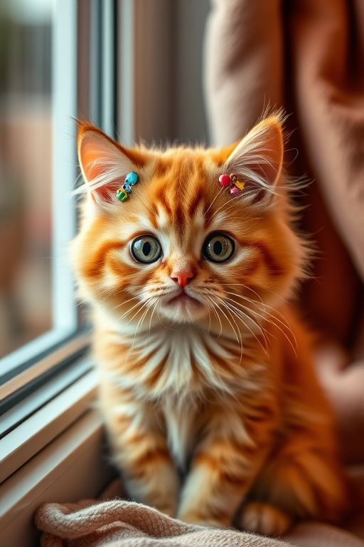 A fluffy orange cat with large round eyes sitting by a window wearing colorful hair clips on its head with a cozy background featuring soft fabrics and warm colors.