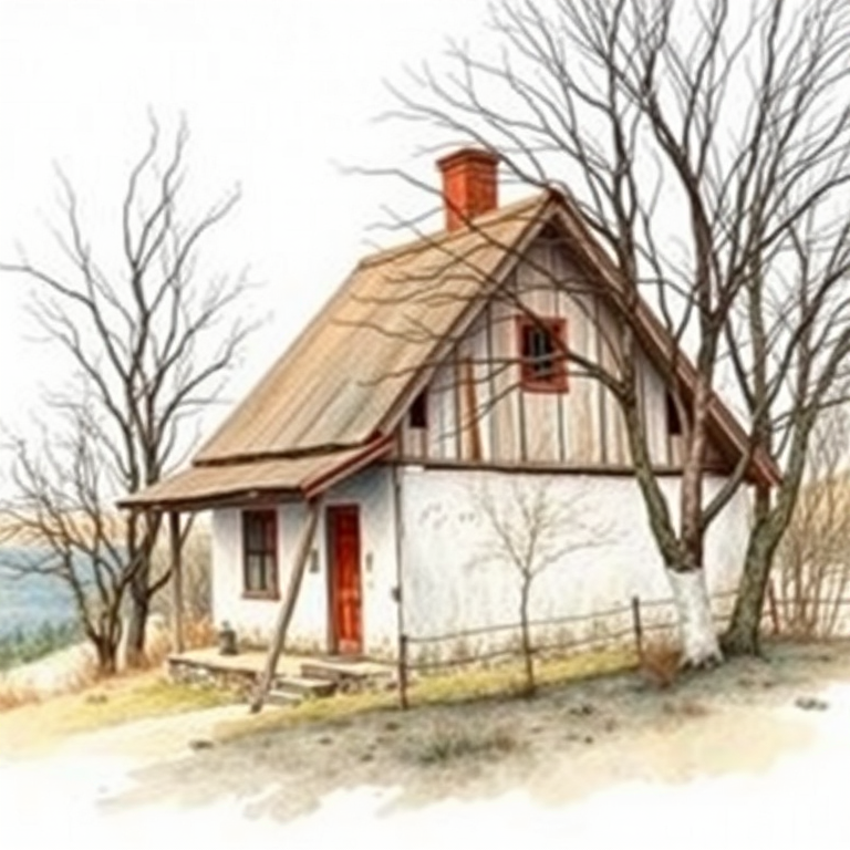 Create a watercolor painting of a rustic house with a sloped roof, surrounded by leafless trees, with a soft pastel background depicting a serene landscape, using a DSLR camera with a 50mm lens at f/8, ISO 100, and a shallow depth of field for enhanced detail and vibrancy.