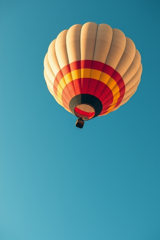 hot air balloon floating against a clear blue sky, captured with a Canon EOS 5D Mark IV, 50mm lens, f/8 aperture, 1/250 sec shutter speed, ISO 100, top-down view for enhanced detail and depth.