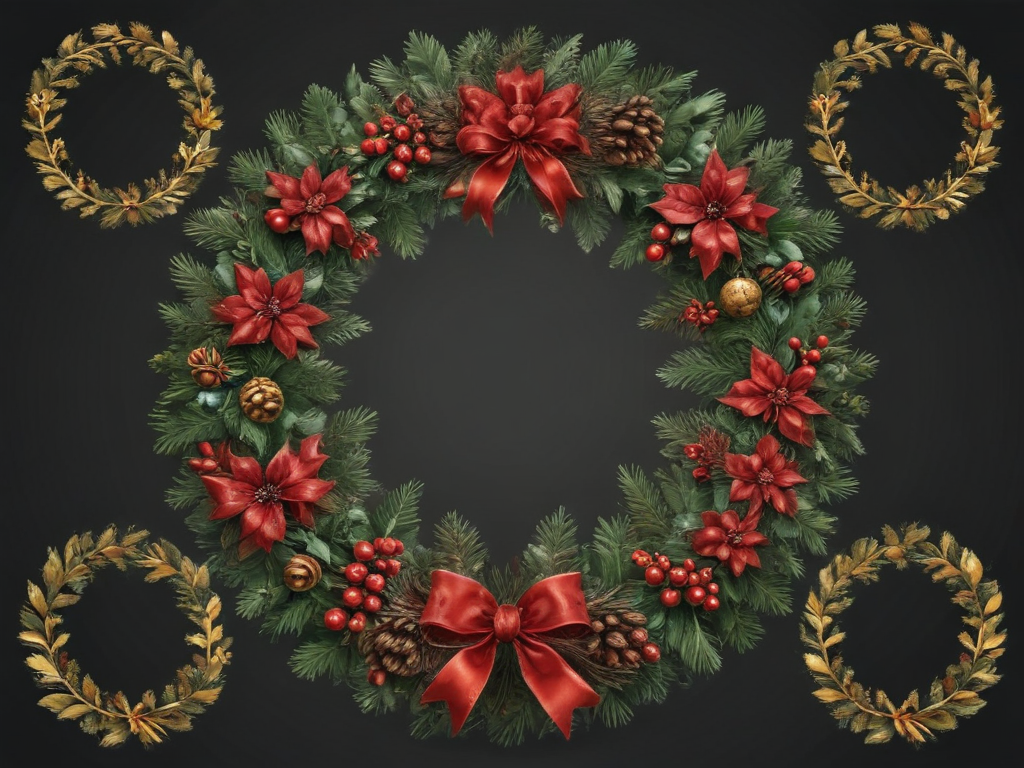 Festive Holiday Wreath Featuring Red Flowers, Bows, and Pine Cones