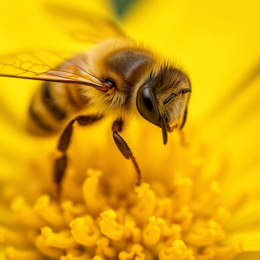 Close-up of a bee on a yellow flower, with macro lens, aperture f/8, shutter speed 1/250 sec, ISO 100, natural lighting, taken with a DSLR camera.