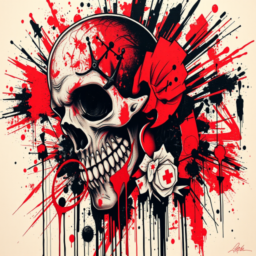Trash polka "Urban Decay" tattoo composition combining realistic elements with abstract splashes smears and geometric shapes in a bold red and black color scheme for a striking and chaotic appearance