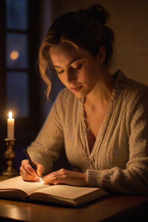 Warmly lit image of a woman writing in a journal by candlelight, soft glow from the candle casting warm shadows on the pages, the smell of fresh ink and lavender filling the air, and a sense of peaceful reflection.