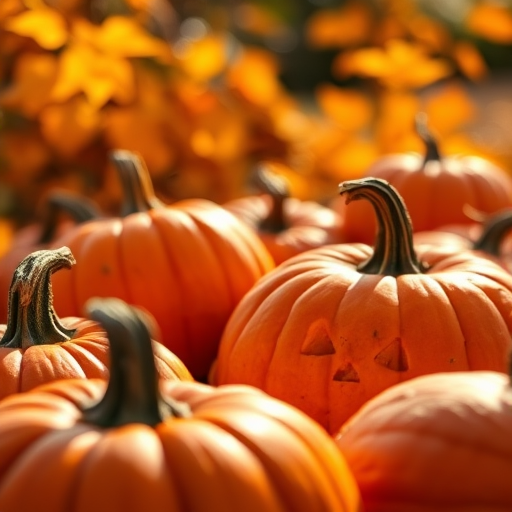 Close-up of pumpkins in a vibrant autumn setting, with soft natural sunlight, f/2.8 aperture, ISO 100, 50mm lens, shallow depth of field, DSLR camera, high-resolution.