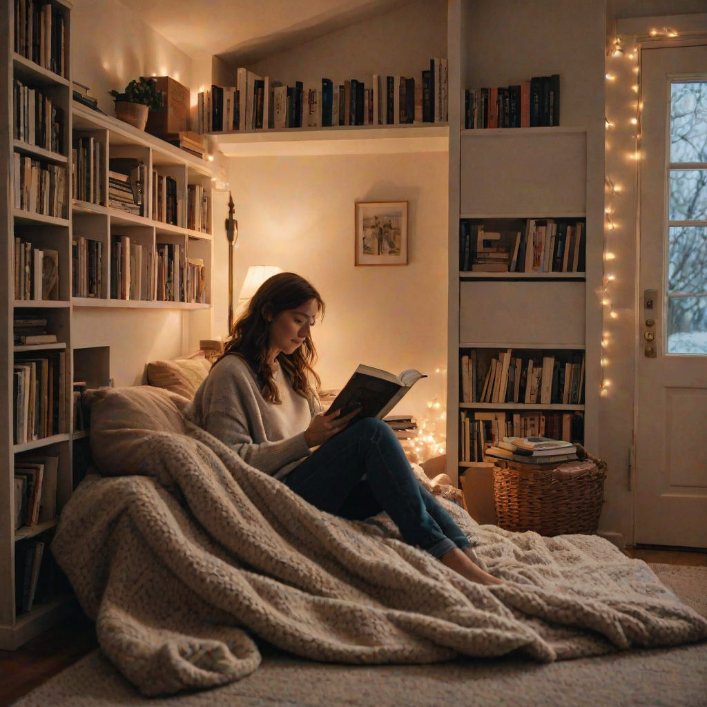 Cozy reading nook in a home, with a woman curled up with a blanket and a novel, soft light illuminating her cozy space filled with books.